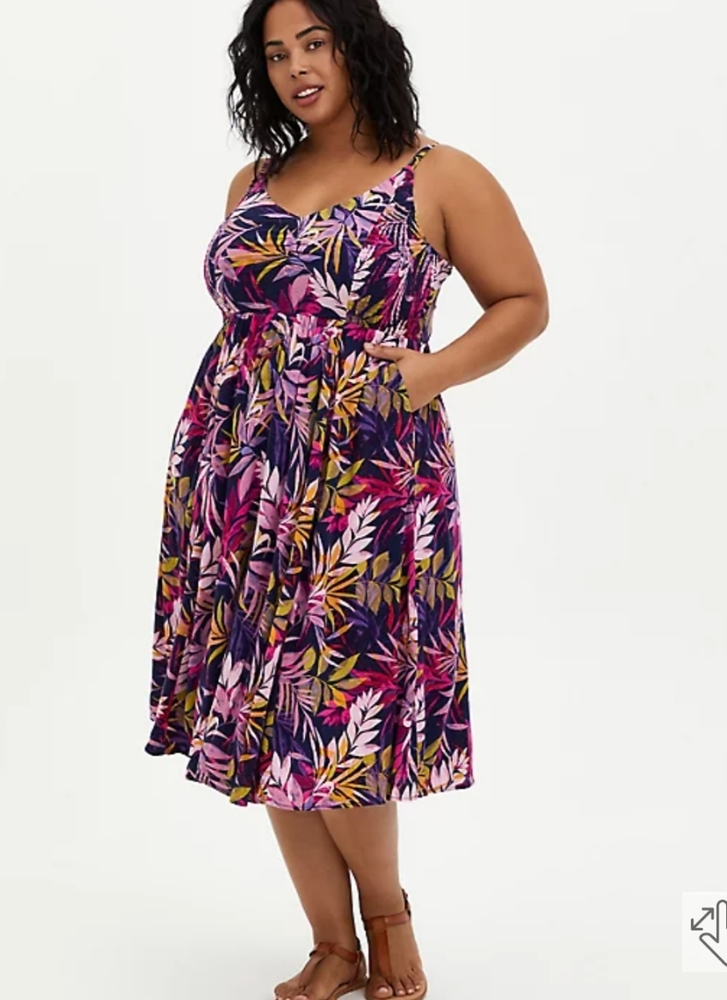 NAVY LEAF SMOCKED MIDI DRESS